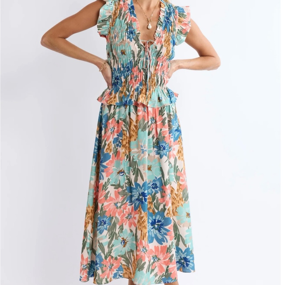 SAGE THE LABEL Blue and Pink Sleeveless V-Neck Sundress
